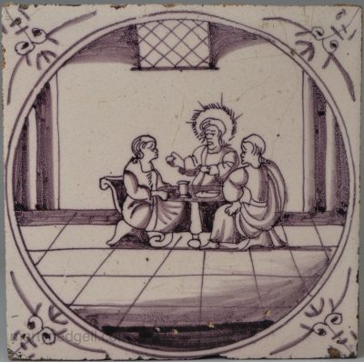 Dutch Delft biblical tile, Jesus appears to his disciples, circa 1750