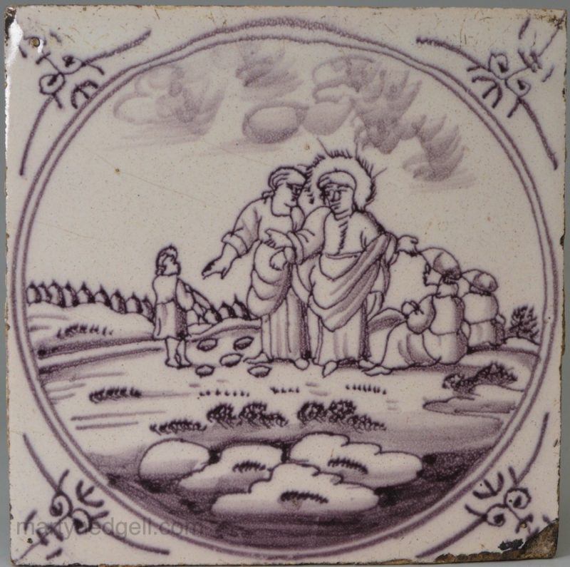 Dutch Delft biblical tile, Feeding the 5,000, circa 1750