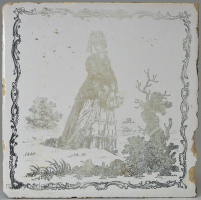 Liverpool Delft tile decorated with a Sadler print of The Pretty Mantua-maker, circa 1760