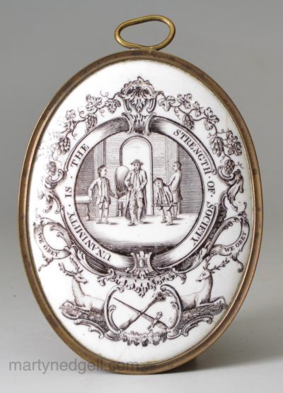 Bilston enamel plaque printed with badge of a 'Forester' of the Noble Order of Bucks, circa 1770