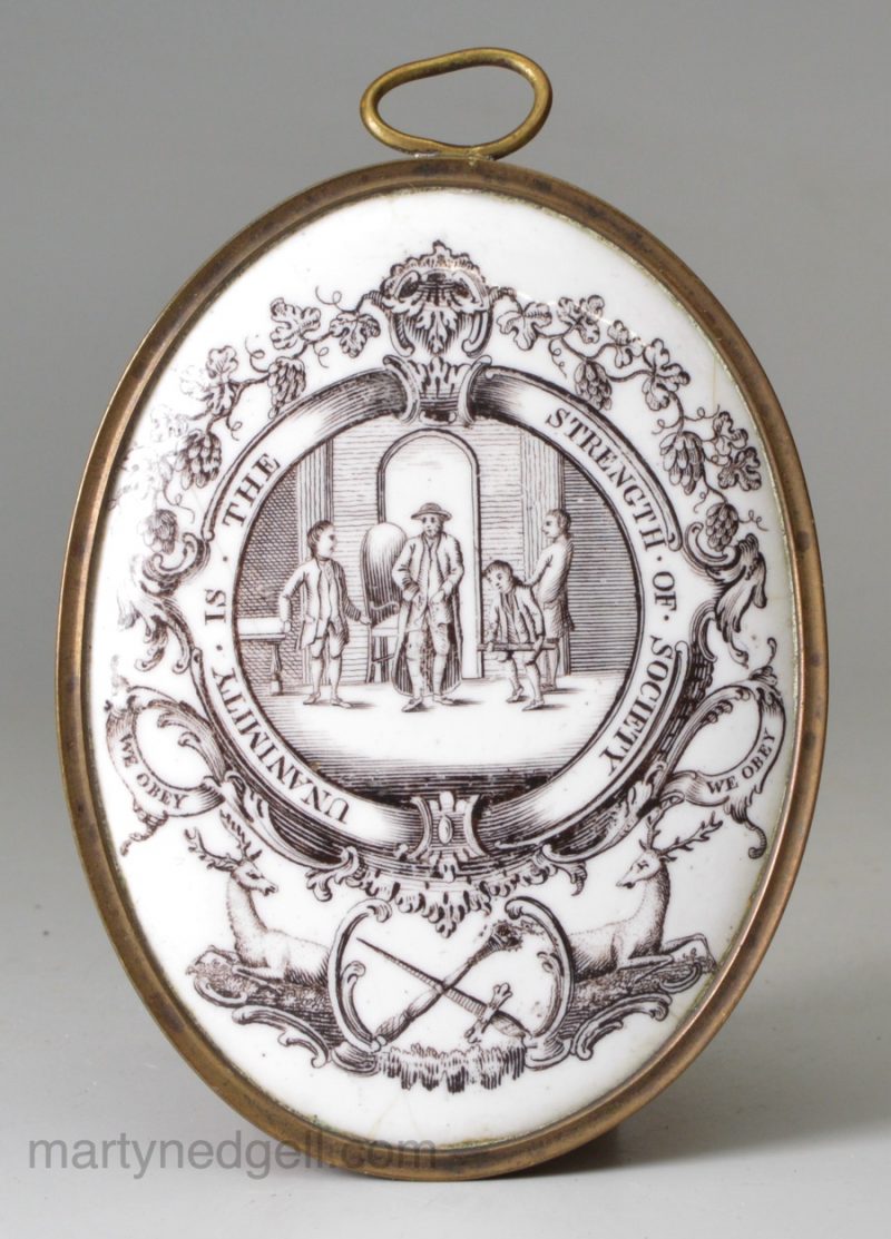 Bilston enamel plaque printed with badge of a 'Forester' of the Noble Order of Bucks, circa 1770