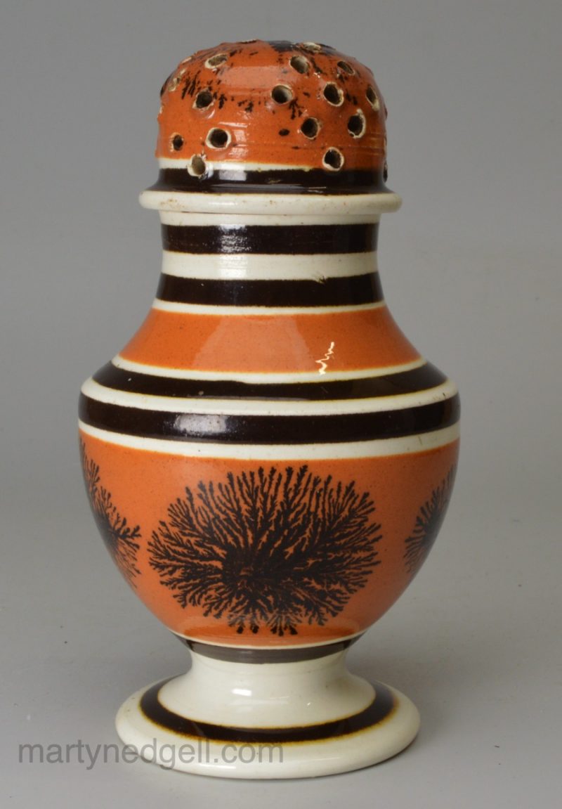 Mochaware pottery pepper pot, circa 1820