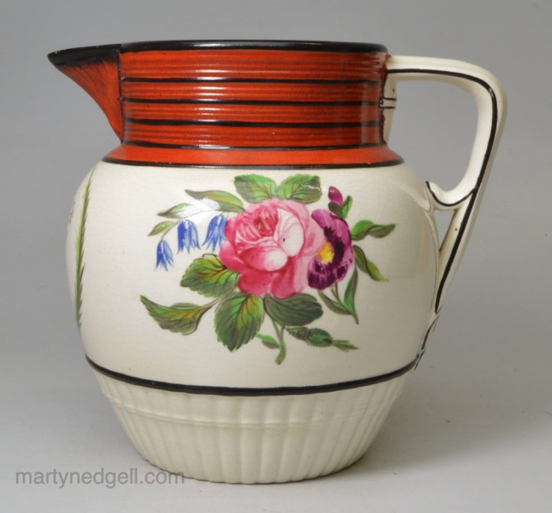 Creamware pottery jug painted with flowers, circa 1800, Wilson Pottery Staffordshire