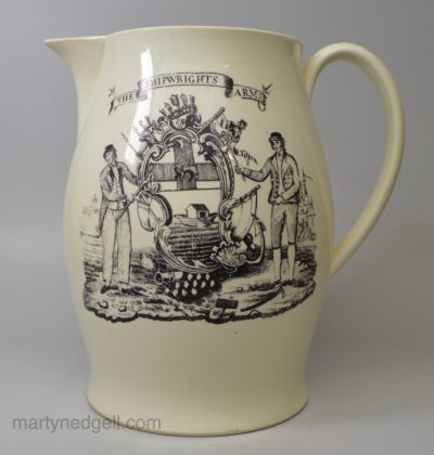 Creamware pottery serving jug 'THE SHIPWRIGHTS ARMS', circa 1790, probably Liverpool Pottery