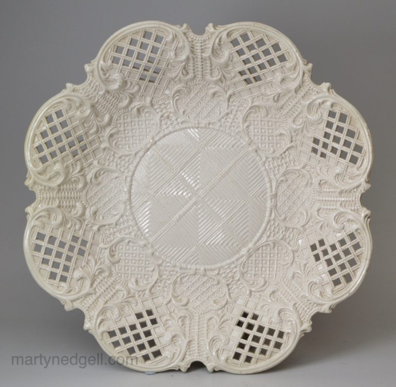 Large pierced Staffordshire white saltglaze stoneware dish, circa 1760