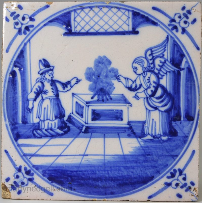 Dutch Delft biblical tile, Angel of the Lord before Zechariah, circa 1750