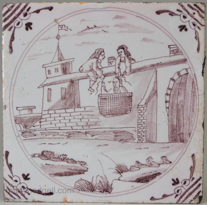 London delft biblical tile, St. Paul escaping from Damascus, circa 1740