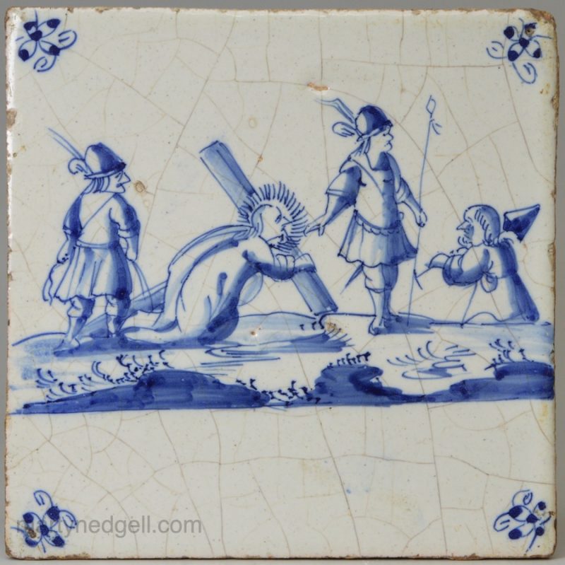 Dutch Delft biblical tile, Christ carrying the cross, circa 1750