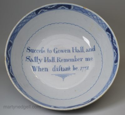 Liverpool dated delftware bowl 'Success to Gowan Hall, and Sally Hall. Remember me When distant be' 1771