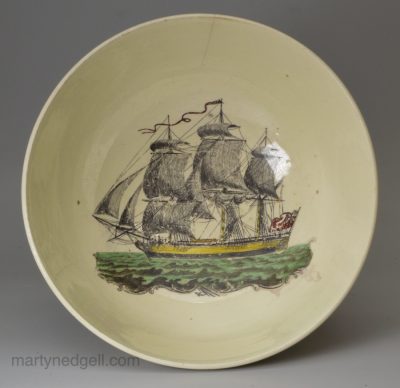 Creamware pottery ship bowl, circa 1780, probably Liverpool Pottery