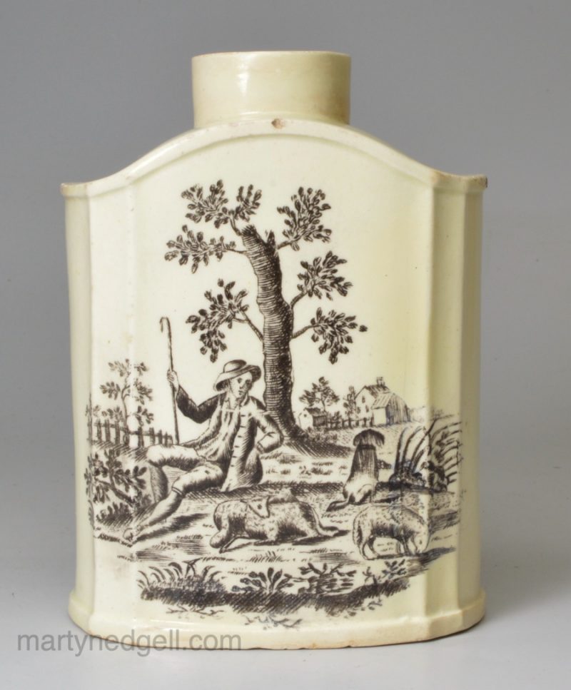 Creamware pottery tea canister printed with the tea party and a shepherd, circa 1770 possibly Wedgwood