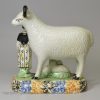 Yorkshire type prattware pottery large sheep, lambs and an attendant, circa 1820