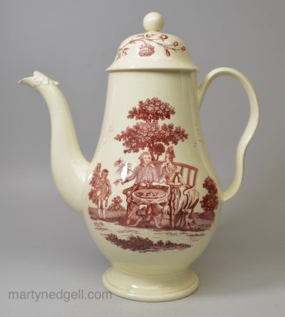 Creamware pottery coffee pot decorated with red prints of the Tea Party and a shepherd and flock, circa 1770