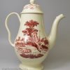 Creamware pottery coffee pot decorated with red prints of the Tea Party and a shepherd and flock, circa 1770