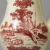 Creamware pottery coffee pot decorated with red prints of the Tea Party and a shepherd and flock, circa 1770