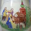 Large pearlware jug decorated with musicians at play with enamels over the glaze, circa 1800