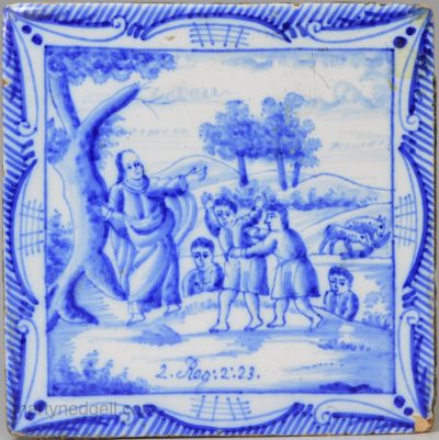 Dutch Delft biblical tile, the mocking of Elisha, circa 1800