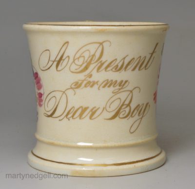 Staffordshire porcelain mug 'A Present for my Dear Boy', circa 1840