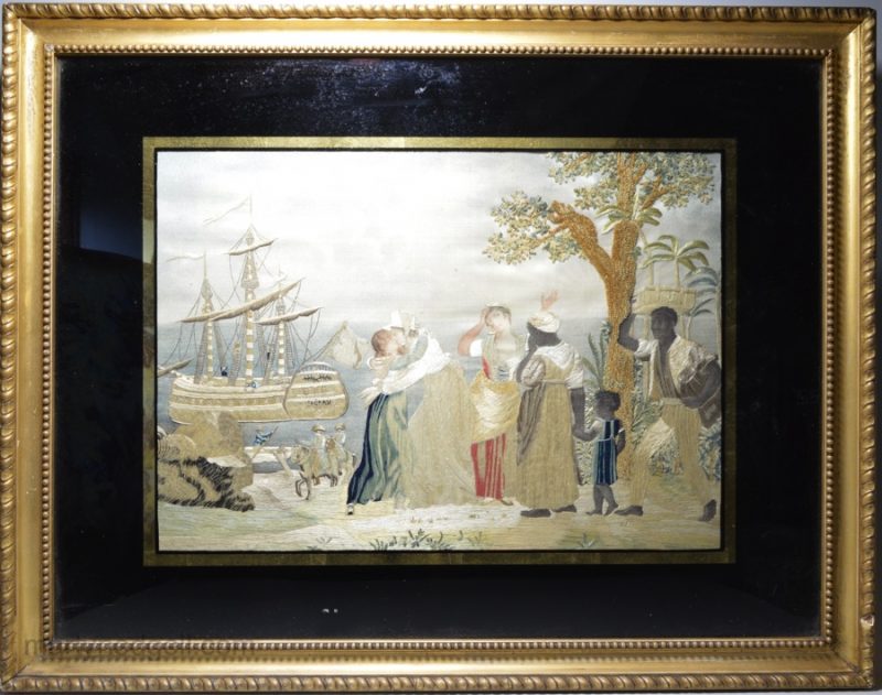 Embroidered late 18th century stipple engraving depicting a young girl probably off to her home country being seen off by family and slaves, probably French