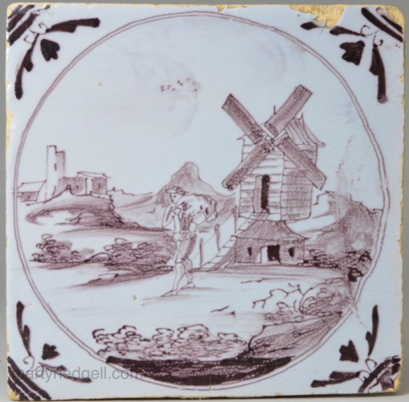 London delft tile painted with a miller, circa 1750