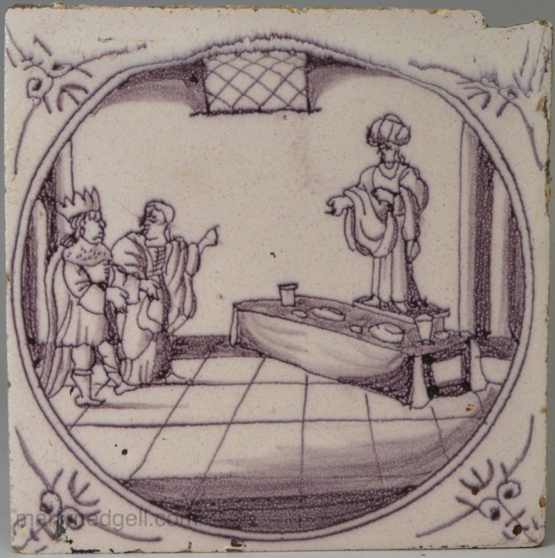 Dutch Delft biblical tile, The King sets the food before Daniel, circa 1750