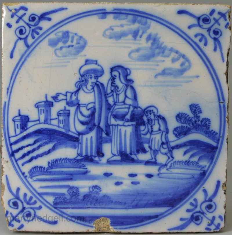 Dutch Delft biblical tile, Abraham casts out the Bond Woman, circa 1750