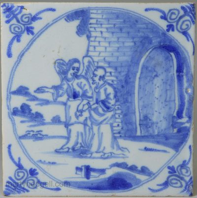 London delft biblical tile, St. Peter escapes from prison, circa 1750