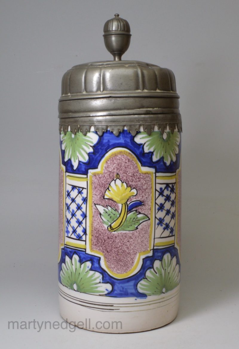 German tin glaze pottery tankard with pewter lid dated 1755