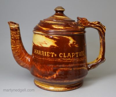 Harriet Clapton's agate slipware teapot, circa 1860, probably Halifax