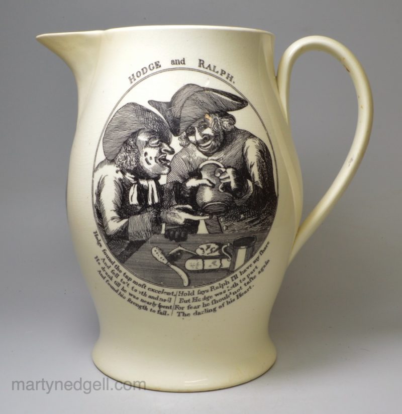 Creamware pottery serving jug printed with 'HODGE and RALPH' and a hunting scene, circa 1790