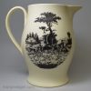 Creamware pottery serving jug printed with 'HODGE and RALPH' and a hunting scene, circa 1790