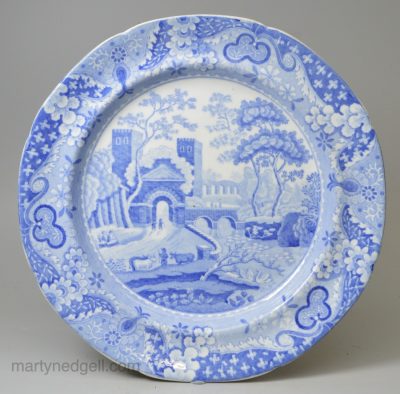 Pearlware pottery plate decorated with blue transfer print, tower pattern, under the glaze, circa 1827, Spode Staffordshire