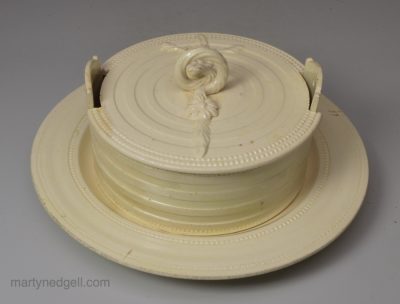 Creamware pottery butter tub, lid and stand, circa 1780