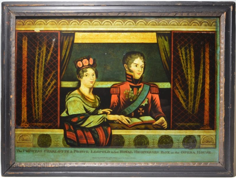 Reverse print on glass 'The PRINCESS CHARLOTTE & PRINCE LEOPOLD in the ROYAL HIGHNESSES BOX at the OPERA HOUSE', circa 1818