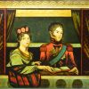 Reverse print on glass 'The PRINCESS CHARLOTTE & PRINCE LEOPOLD in the ROYAL HIGHNESSES BOX at the OPERA HOUSE', circa 1818