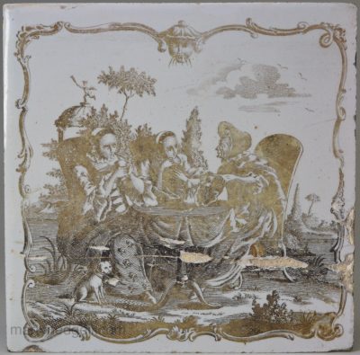 Liverpool delft tile decorated with a Sadler print of a old woman reading tea leaves for the two young ladies fortunes, circa 1765