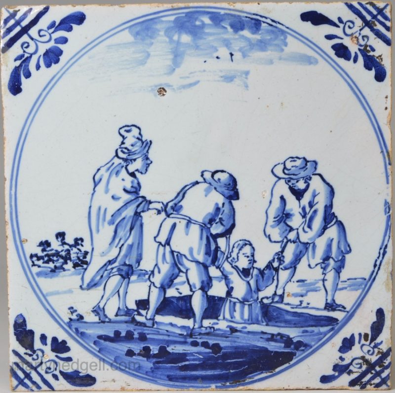 London delft biblical tile, Joseph put into a pit, circa 1750