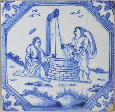 Liverpool delft biblical tile, Jesus and the woman of Samara, circa 1750