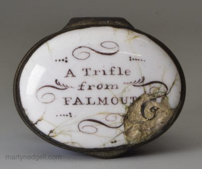 Bilston enamel patch box 'A Trifle from FALMOUTH', circa 1780