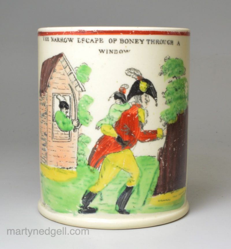 Creamware pottery commemorative mug 'THE NARROW ESCAPE OF BONEY THROUGH A WINDOW', circa 1815