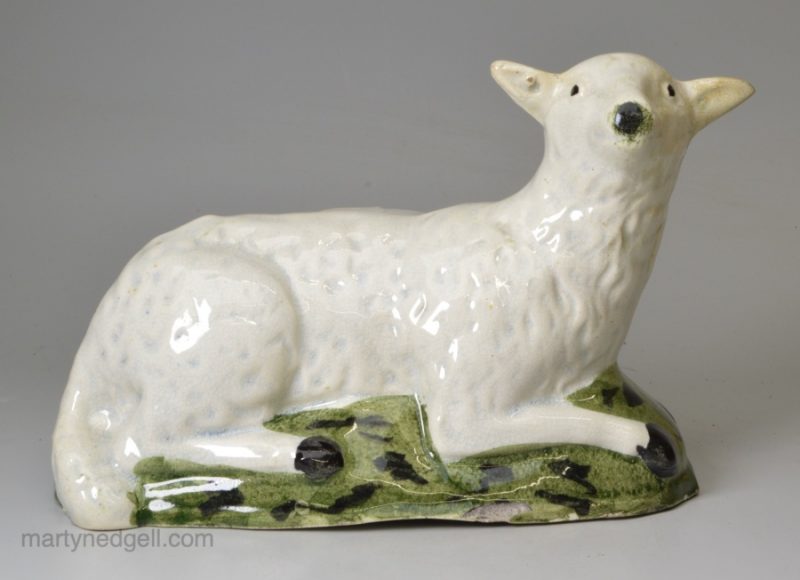 Pearlware pottery sheep decorated under the glaze, circa 1800