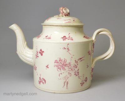 Creamware pottery teapot decorated with overglaze enamels, circa 1770