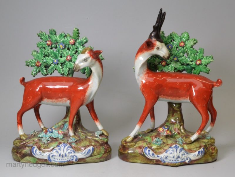 Large pair of Staffordshire pearlware deer, circa 1820