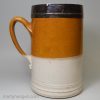 Fulham half gallon tankard with brown and white slip, lead glaze, over a stoneware body, circa 1720-50