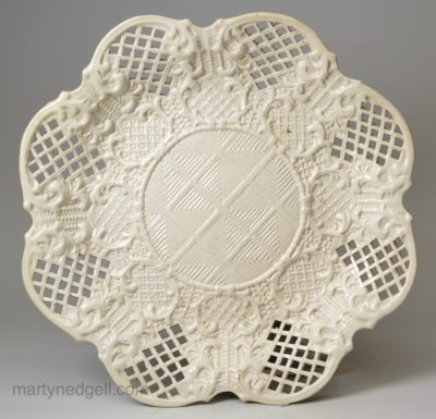 Pierced Staffordshire white saltglaze stoneware dish, circa 1760