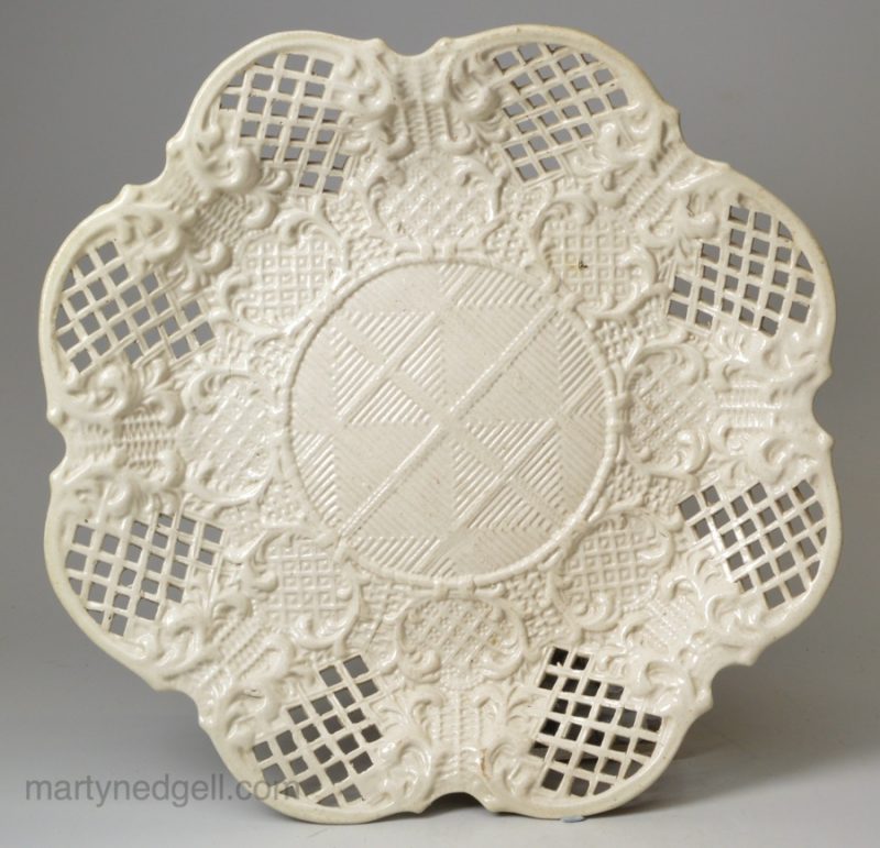 Pierced Staffordshire white saltglaze stoneware dish, circa 1760