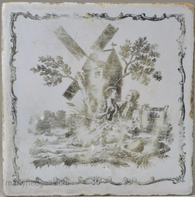 Liverpool delft tile decorated with a Sadler print, circa 1765