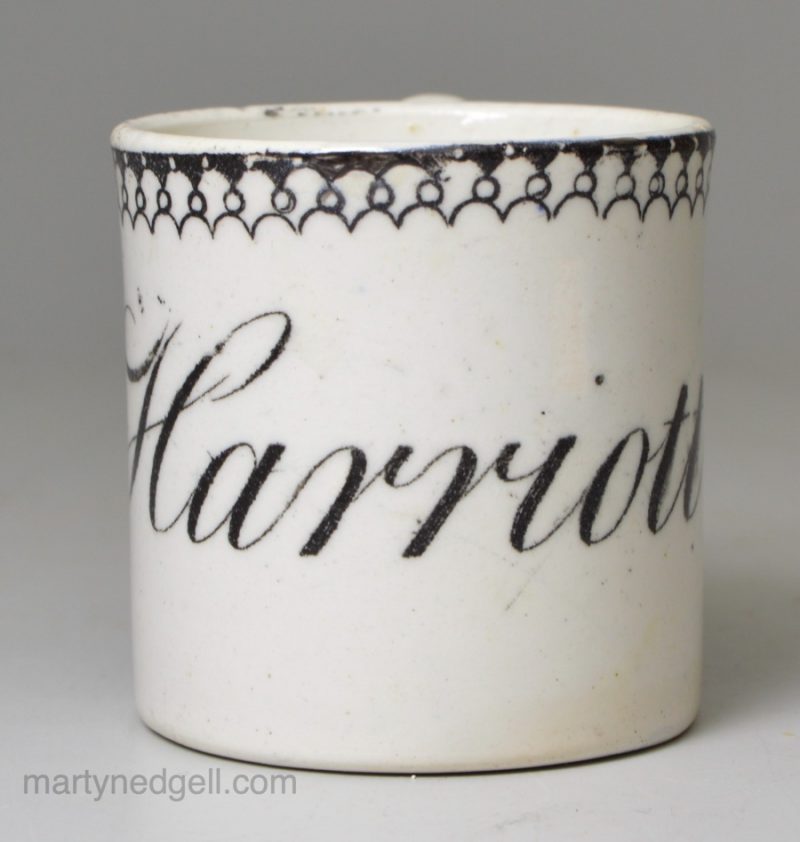 Small pearlware pottery child's mug 'Harriott', circa 1820