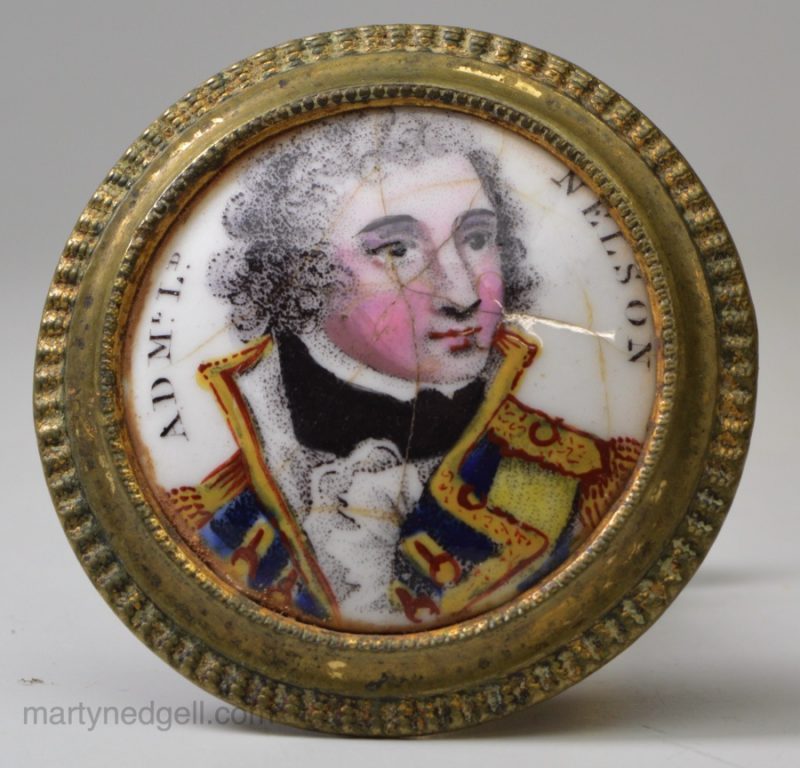 Bilston enamel cloak hook, Admiral Nelson, circa 1795