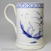 Pearlware pottery quart mug decorated in blue under the glaze, circa 1800